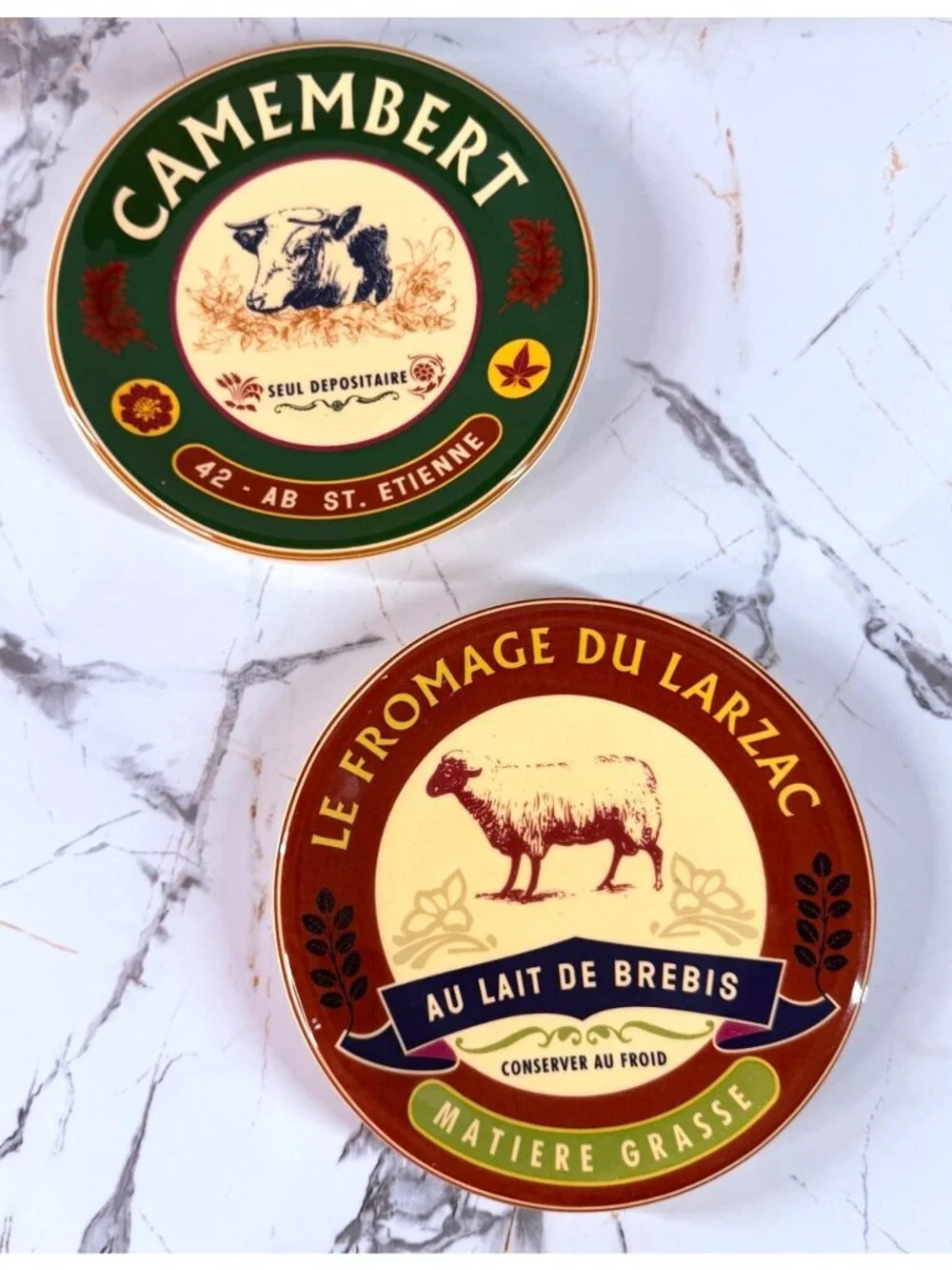 Williams Sonoma French cheese label appetizer plates feature a vintage-inspired